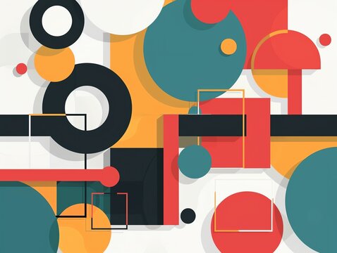 Overlapping squares and circles, flat design, rule of thirds, white background, bright and bold colors, graphic