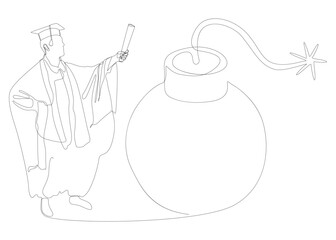 Poster - One continuous line of Graduati man and bomb. Thin Line Illustration vector concept. Contour Drawing Creative ideas.