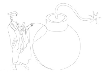 Poster - One continuous line of Graduati man and bomb. Thin Line Illustration vector concept. Contour Drawing Creative ideas.