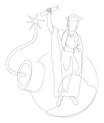 Poster - One continuous line of Graduati man and bomb. Thin Line Illustration vector concept. Contour Drawing Creative ideas.