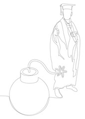 Poster - One continuous line of Graduati man and bomb. Thin Line Illustration vector concept. Contour Drawing Creative ideas.