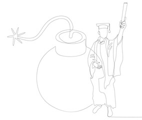 Poster - One continuous line of Graduati man and bomb. Thin Line Illustration vector concept. Contour Drawing Creative ideas.
