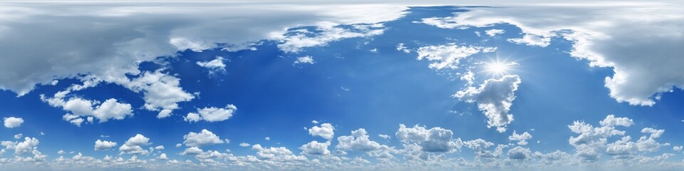 Wall Mural - blue sky 360 hdri panorama view with clouds for use in 3d graphics or game development as sky edit drone shot or sky replacement in equirectangular seamless projection