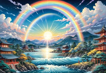 Wall Mural - Plant in Water with Rainbow and Cloudy Sky