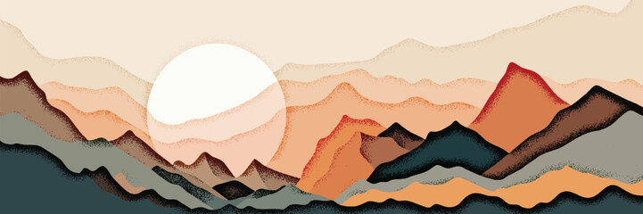 Wall Mural - Minimalistic stylized landscape, mountain sunrise and sun, vector illustration, panoramic view	