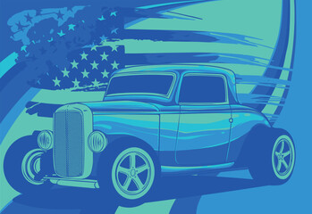 Wall Mural - vector illustration of hot rod with american flag