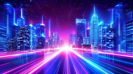 Wall Mural - A cityscape with neon lights and a bright blue sky. The city is bustling with activity and the sky is filled with stars. Scene is energetic and lively