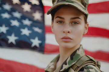 Wall Mural - Portrait of a young female soldier in military uniform with the USA flag in the background, looking at the camera. Copy space available. Suitable for patriot day and military-themed events.