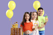 © Pixel-Shot - Cute little children with lemonade and stand on lilac background
