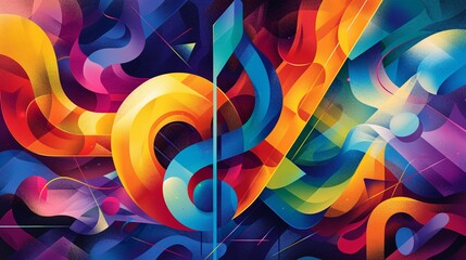 An imaginative, colorful illustration of a rainbow-colored musical note, set against a background of abstract shapes and lines representing unity and pride, with a palette of deep blues, purples, and