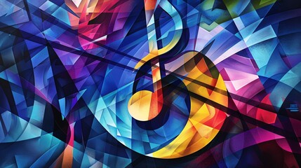 An imaginative, colorful illustration of a rainbow-colored musical note, set against a background of abstract shapes and lines representing unity and pride, with a palette of deep blues, purples, and