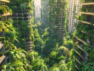 Verdant Urban Oasis:Futuristic Skyscrapers Enveloped in Lush Foliage