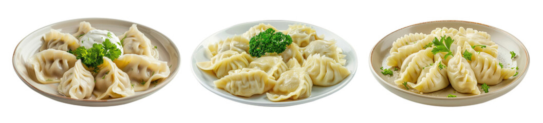 Wall Mural - Three plates with dumplings in isolated on transparent background