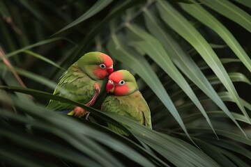 Wall Mural - A pair of lovebirds nestled together on a swaying palm frond.