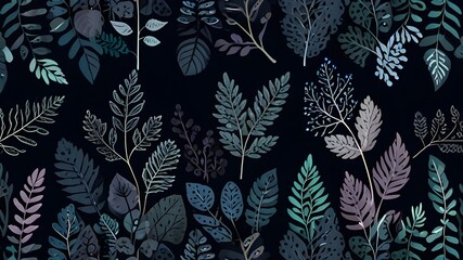 Seamless pattern with leaves. Branches and leaves. Dark blue background. Cute pattern with leaves. Floral endless pattern plants. Elegant the template for fashion prints. Vector texture Generative AI 