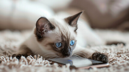 A cat sits on a blanket looking at electronics