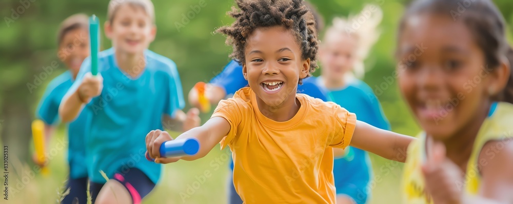 Children participating in a relay race, passing the baton smoothly ...
