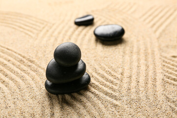 Wall Mural - Black spa stones on sand. Zen concept