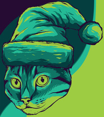 Sticker - Vector illustration of a cat in a santa hat