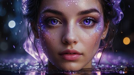 woman with purple eyes and glitter makeup underwater