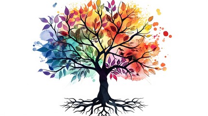 tree with colorful watercolor leaf