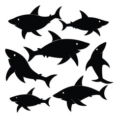 Wall Mural - Set of Bull Shark animal black silhouettes vector on white background