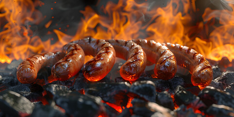 Wall Mural - Juicy grilled sausages on fire powder explosion. Grilled sausages on grill with smoke and flame on dark background. 
