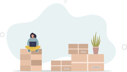 Wall Mural - woman entrepreneur receive order from computer sitting with box parcel ready to ship.flat vector illustration.
