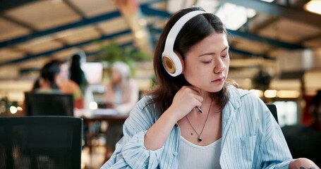 Poster - Girl, headphones and student with books at college, study and research for assignment or essay. Woman, learning and streaming podcast lecture at academy, planning and note for knowledge at university