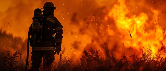 Wall Mural - Firefighter is silhouetted against raging fire.