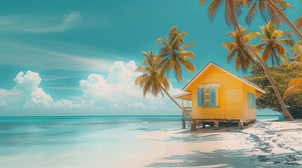 A yellow house on the beach with palm trees and a blue sky in shades of white sand