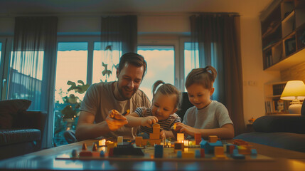 Wall Mural - Parents and children playing with toys at home