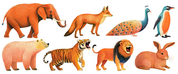 Wall Mural - Wildlife color pencil png element set on transparent background