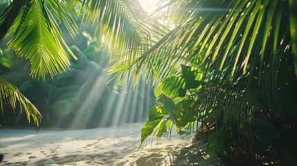 Wall Mural - landscape of sunlight filtering through palm leaves on tropical beach