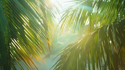 Wall Mural - landscape of sunlight filtering through palm leaves on tropical beach