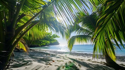 Wall Mural - landscape of sunlight filtering through palm leaves on tropical beach