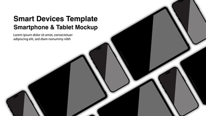 Poster - Modern tablet computer and smartphone mockups, with front views of realistic smart mobile phones and touchpad mockups isolated on a white background. Pad, slate, and phone device mockups. Vector.