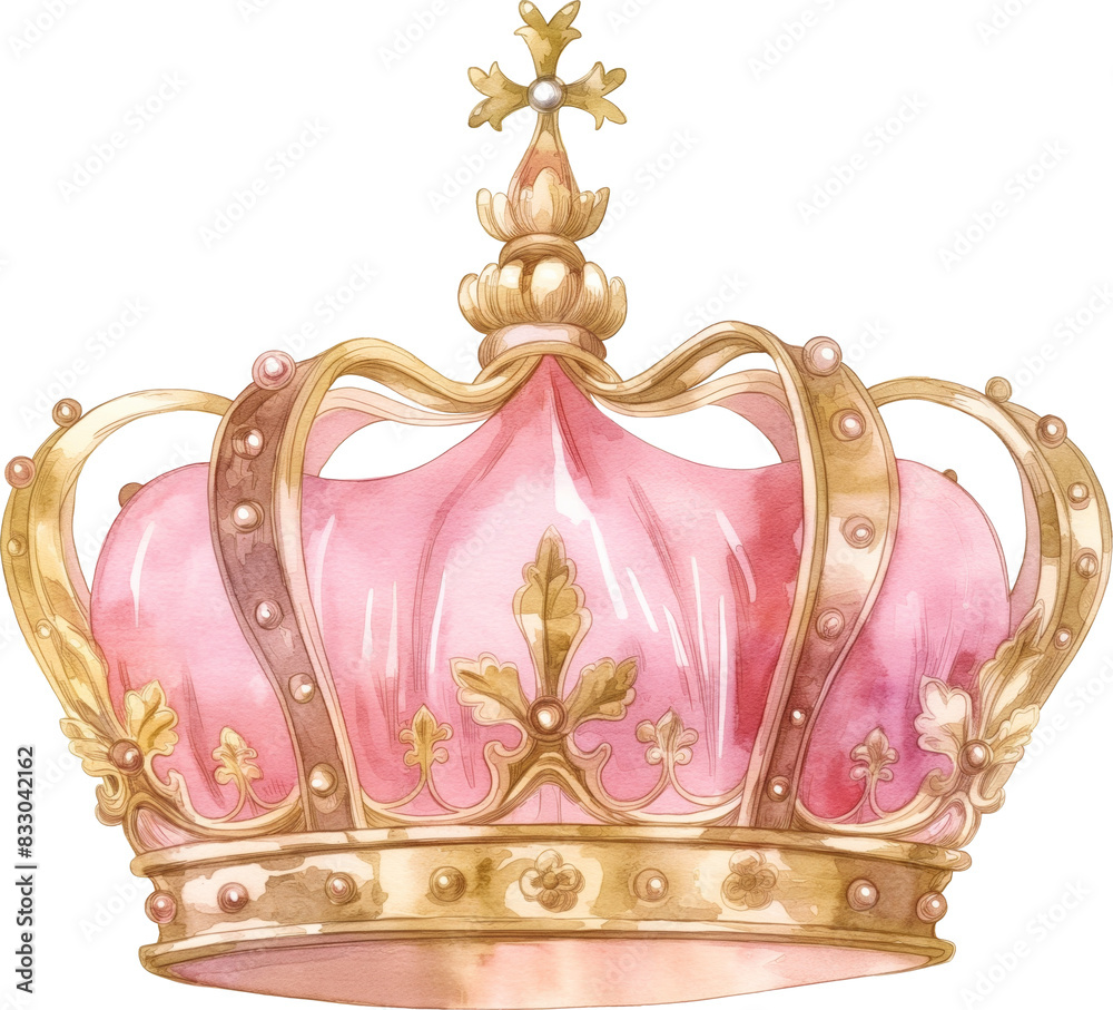 Watercolor painting of a pink and gold crown isolated on transparent ...