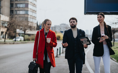 group of young business colleagues in smart casual attire walking together in an urban setting, enga