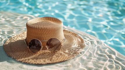 Chic hats and sunglasses set by the pool, close-up with generous space for text, designed for stylish summer product promotion