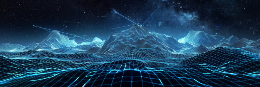 Digital Realm: Illuminated Wireframe Mountains in Futuristic Landscape under Starry Night Sky