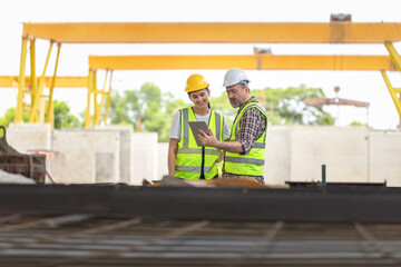 Engineer and female foreman team checking project at precast concrete factory site, Caucasian engineer and worker in hardhats discussing on construction site