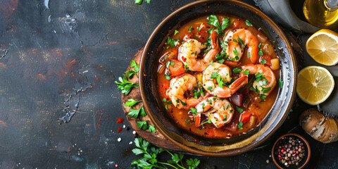 Wall Mural - Moqueca fish and shrimp, a traditional dish of Brazilian cuisine. Stewed fish with shrimps, cooked in a delicious rich and aromatic broth. On a dark background.