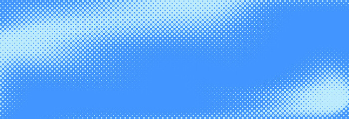 Poster - Blue halftone pattern. Retro comic gradient background. Bright pixelated dotted texture overlay. Cartoon pop art faded gradient pattern. Vector backdrop for poster, banner, advertisement