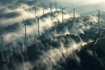 Wall Mural - A sprawling network of wind turbines on a hilltop, with their blades spinning slowly in the breeze.
