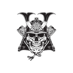 Wall Mural - Black and white skull samurai vintage ink drawing vector illustration for t-shirt design
