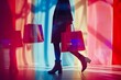 © LittleSeven - A woman walks with shopping bags in front of colorful, abstract lighting.