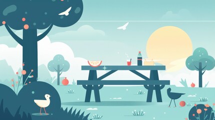  picnicking, gloomy sky, flat design, sky blue, social media sharing