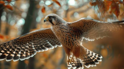 Wall Mural - Close examination of a kestrel bird of prey hovering and searching for food