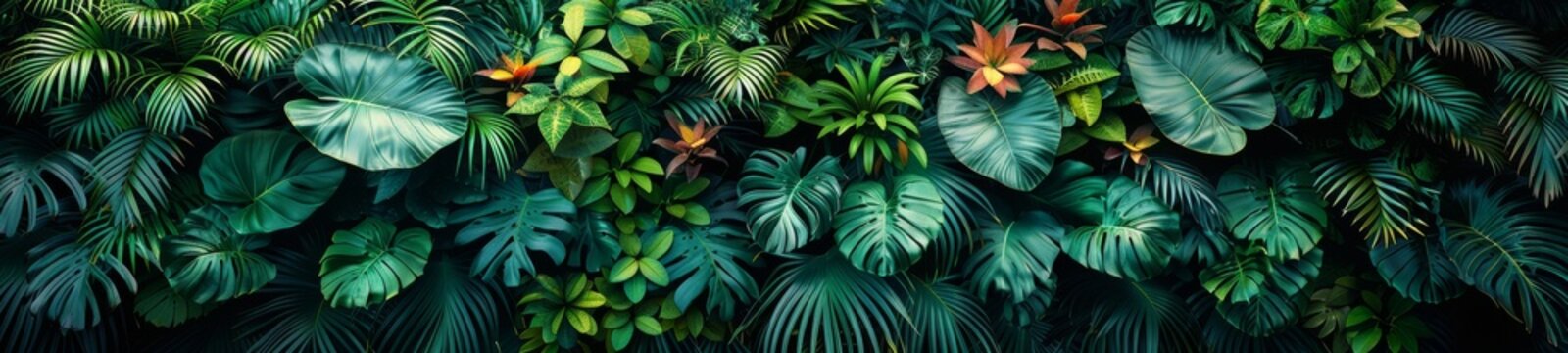 Against the verdant backdrop, the tropical flowers' vibrant hues create a striking visual feast, their colors popping against the lush green foliage like splashes of paint on a fresh canvas.